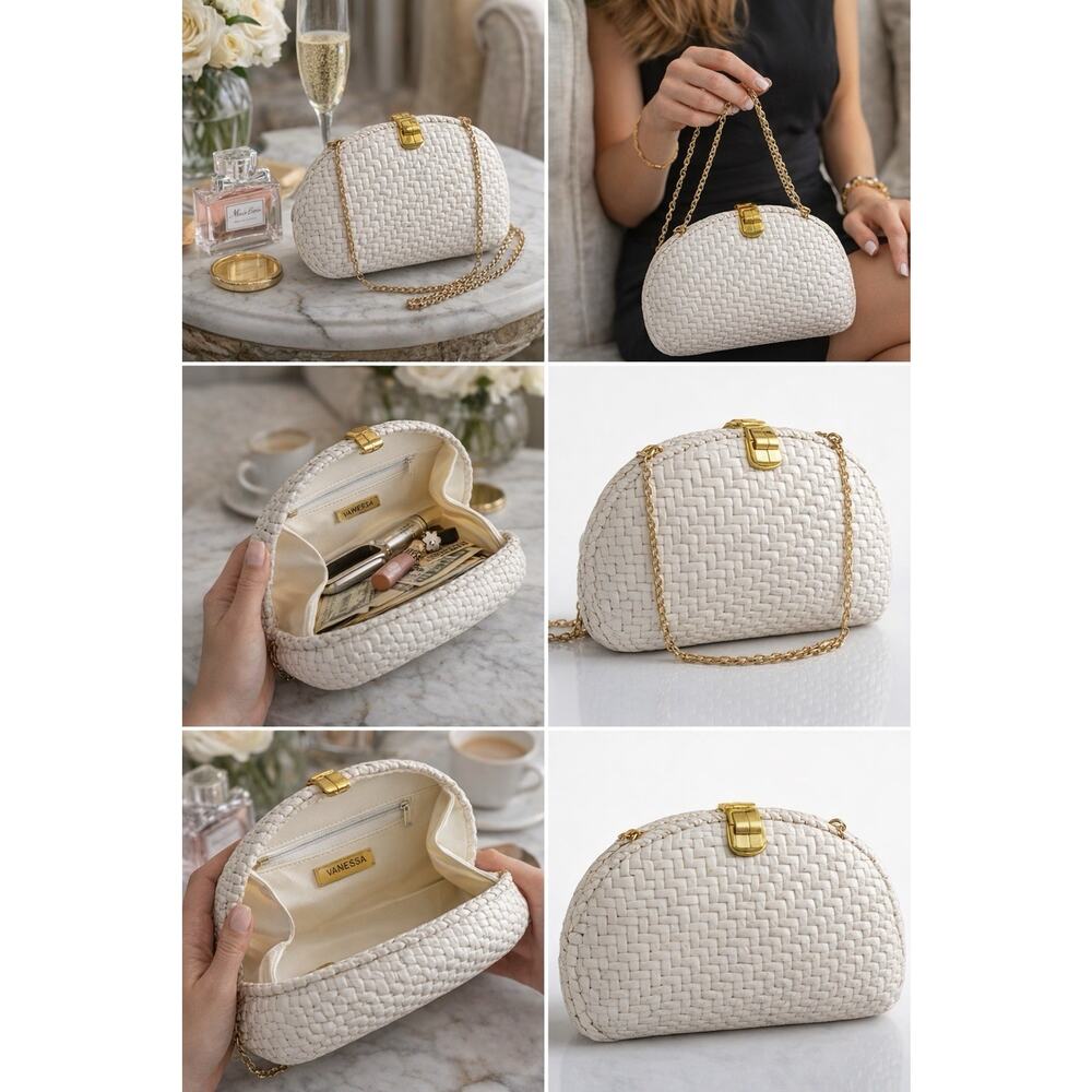 Vintage VANESSA White Woven Clutch Purse Gold Chain Strap Evening Bag